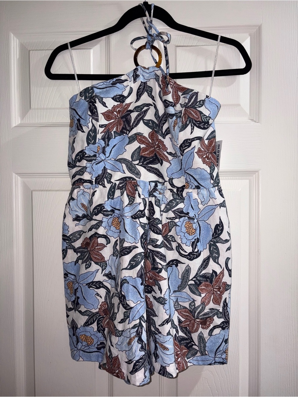 Old Navy Halter Romper - White with Light Blue and Brown Floral design NWT